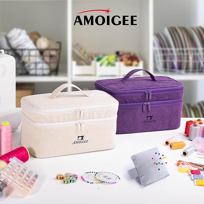 AMOIGEE Double-Layer Sewing Accessories Organizer with Pin Cushion – Large Sewing Storage Bag for Thread, Notions & Tools – Portable Travel Sewing Tote for Quilting, Embroidery & Crafts Gift (BagOnly)