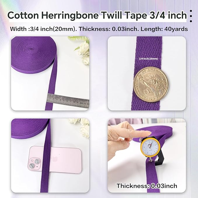 3/4 inch Purple Herringbone Twill Tape for Sewing,Pet Collar,Gift Wrapping Home Deco -40 Yards-Cotton Webbing Straps-Natural Bias Binding Tape for Handles, Crafting & DIY Projects