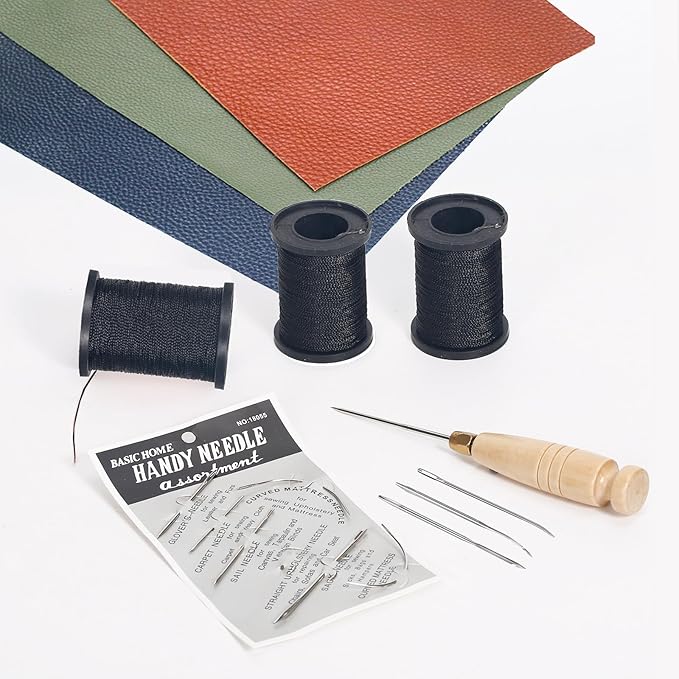 3-Spool Nylon Thread for Sewing, Each 80 Yards Thick Thread Kit Include Sewing Awls & 7 Needles for Hand Sewing, Upholstery Thread & Needle for Repairing Leather, Shoes, Furniture, Black