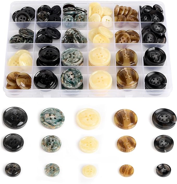 110Pcs Mixed Sewing Buttons, 4-Hole Craft Round Blazer Buttons, 5 Color 3 Size (15mm, 20mm, 25mm) Suit Coats Resin Button, Suitable for Variety Clothing Sewing, DIY Craft (Style A)