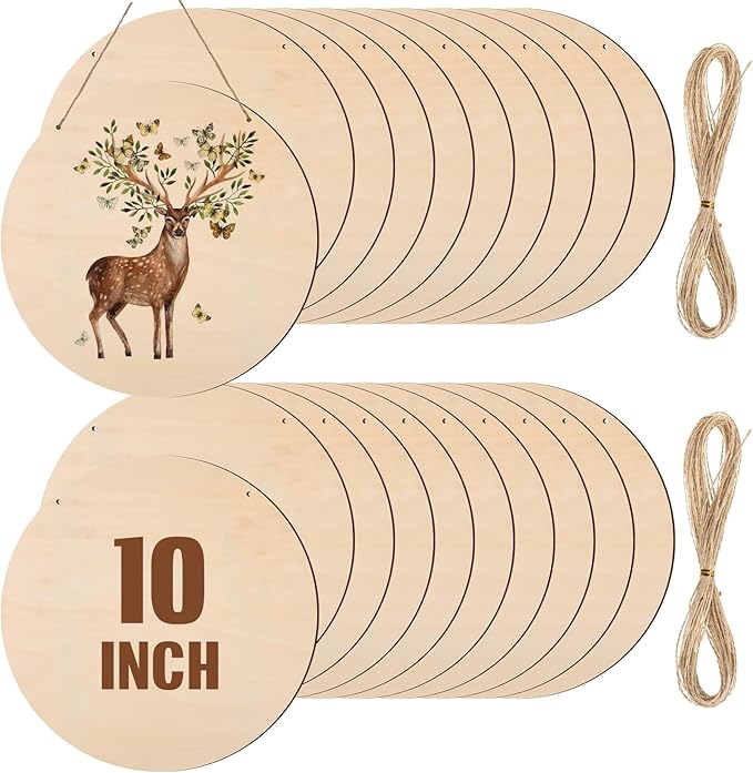 Suzile 20 Pcs Blank Wood Rounds Unfinished Wooden Crafts Signs Circles Discs for DIY Christmas Home Decor Painting Door Hanger Design(10 Inch)