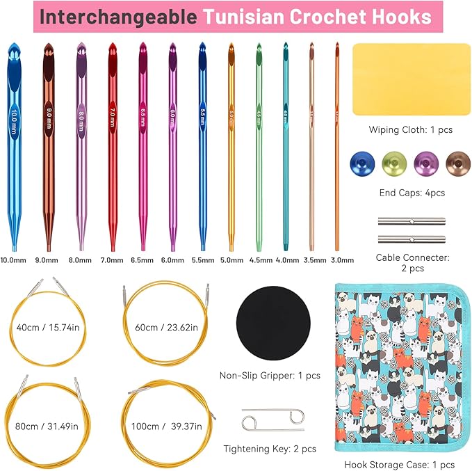 Aeelike Interchangeable Tunisian Crochet Hooks Set, 12 Sizes Colorful Tunisian Crochet Hooks Set with Cables 3.0mm - 10.0mm Smooth Ergonomic Hook for Making Blanket Scarves, Ideal Gift