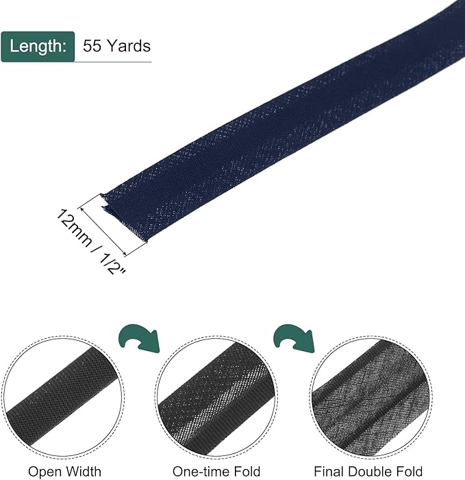 MECCANIXITY 1/2 Inch Double Fold Bias Tape Polyester Continuous Bulk Bias Tape for Sewing,Seaming Quilting Hemming Binding Crafts (Navy Blue 55 Yards)