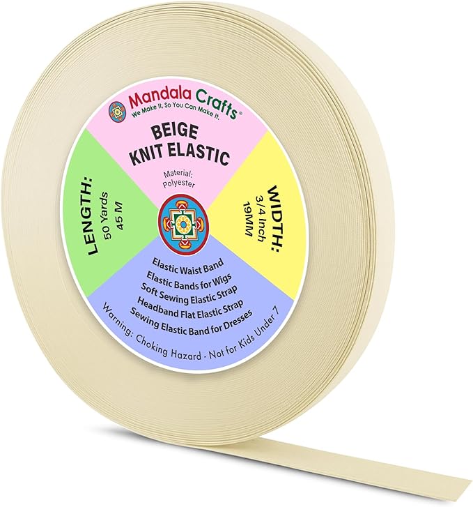 Mandala Crafts Wide 3/4 Inch Beige Elastic Bands Spool for Pants Waistbands Sewing and DIY Crafts, 50 YD Stretchy Flat Fabric Strap Knit Elastic Band for Wig