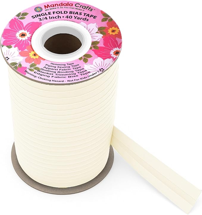Mandala Crafts 3/4 Inch Single Fold Bias Tape for Sewing, Quilting, Piping, Hemming, Blanket & Quilt Binding – 40 Yards Ivory Fabric Seam Binding Tape