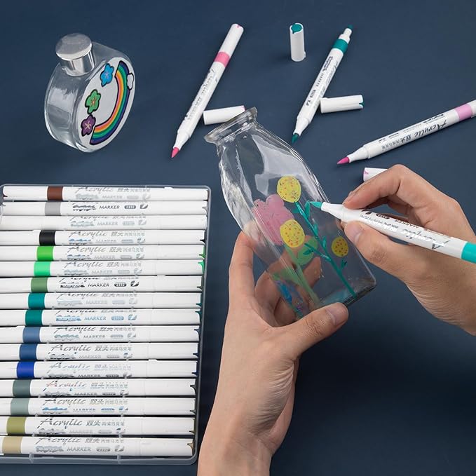 48 Colors Acrylic Paint Markers, Dual Tip Round and Brush Tips for Detailed Art, Crafting, Rock Painting, Wood, Glass, Ceramic