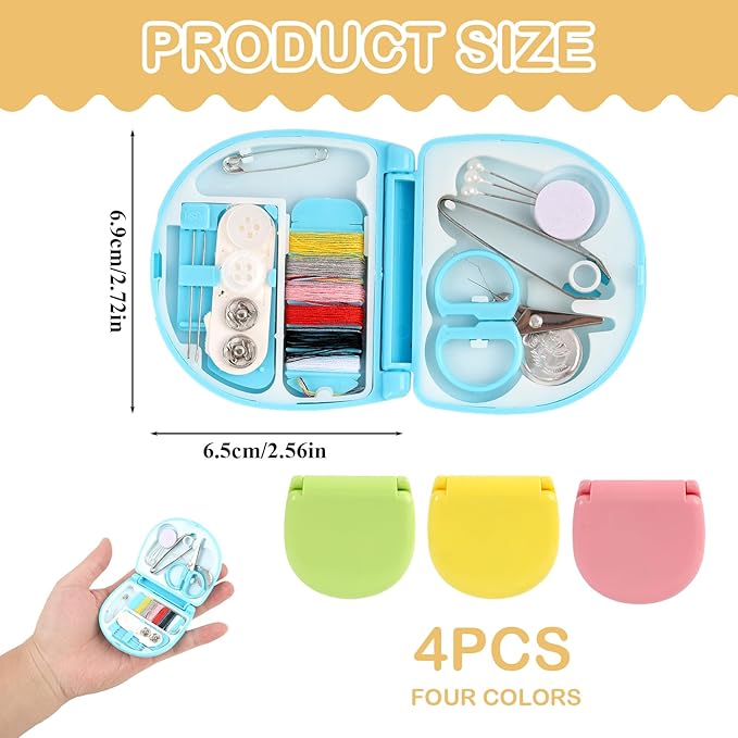 RJLCTH 4 Pcs Mini Sewing Kit Travel Size, Portable Emergency Sewing Kit for Beginners Brides Travelers DIY Clothing Repairs, Thread Needle Scissors Set, Yellow Pink Green Blue