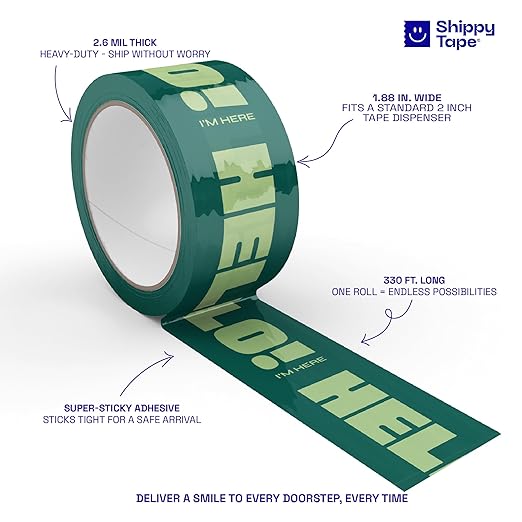 Cool Decorative Packing Tape for Small Business, Cute Designer Printed Packaging and Shipping Tape, Hello! I'm Here, Dark Green Mint, 1.88" x 110 Yards (330 feet)