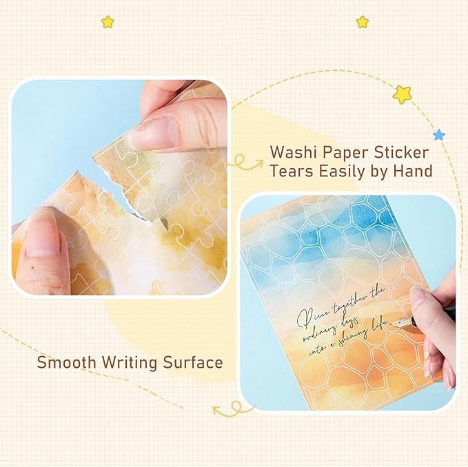30 Sheets Puzzle Pre-Cut Washi Stickers, Featuring Abstract Watercolor, Pastel Gradient and Geometric Designs for Scrapbooking, Bullet Journaling, DIY Crafts