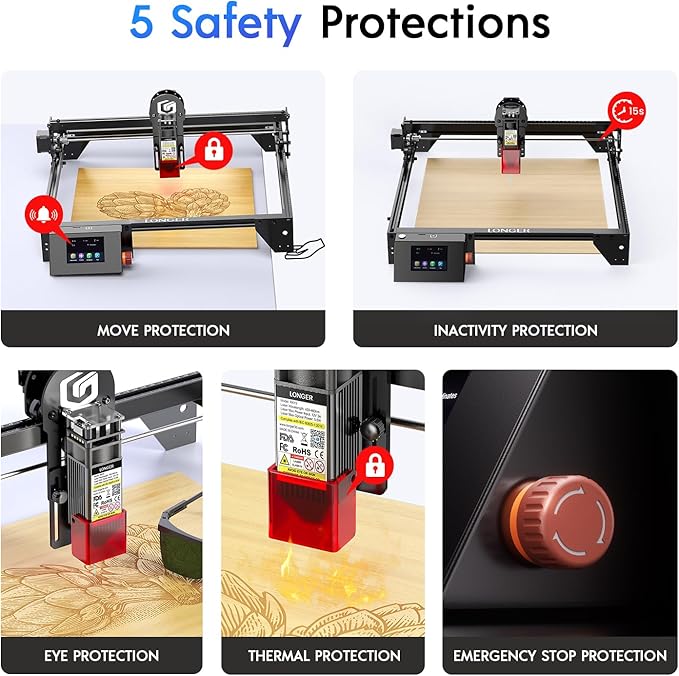 Longer RAY5 Laser Engraver, DIY Laser Engraver 5W Output Power, 3.5” Color Touch Screen, App Offline Control, Engraver Tool for Metal/Glass/Wood Engraving Area 15.75"x15.75"