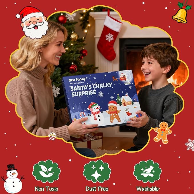 NewFamily Christmas Chalk Set for Kids(24 Pcs) – Washable Non-Toxic Colored Chalk with Coloring Sheets, for Chalkboard Blackboard Art, Creative Holiday Gift for Kids