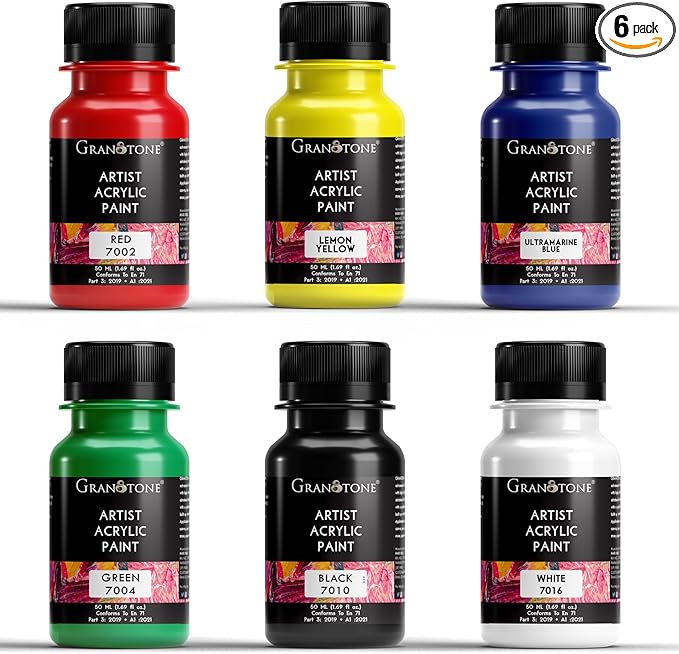 GRANOTONE Acrylic Paint Set - 6 Primary Colors, 1.7 oz Each | Non-Toxic Student Acrylics for Artists, Kids & Hobbyists | Ideal for Painting & Crafting | Vibrant & Safe Art Supplies | Made in India
