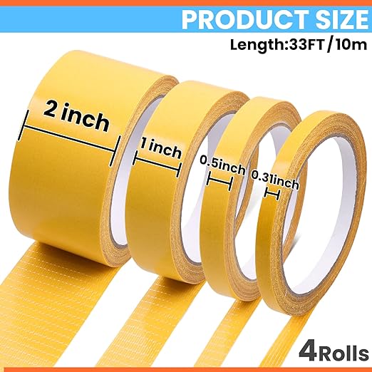 Double Sided Fabric Tape Heavy Duty for Hem, Curtains, Fashion Dress, Cloth, Rug Tape High Adhesive Sticky, 4 Size, 0.31in, 0.5in, 1in, 2 in x 33FT/10m, 4Rolls