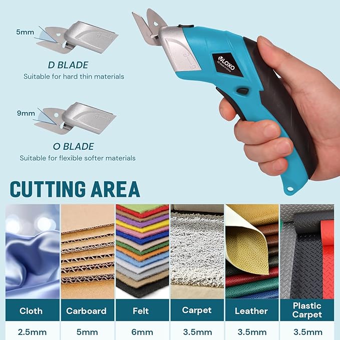 VLOXO Cordless Electric Scissors Electric Box Cutter with 2 Type Blades Rechargeable Cordless Scissors Powerful Shears Cutting Tool Cardboard Cutter for Fabric Cardboard Carpet Leather Felt Blue