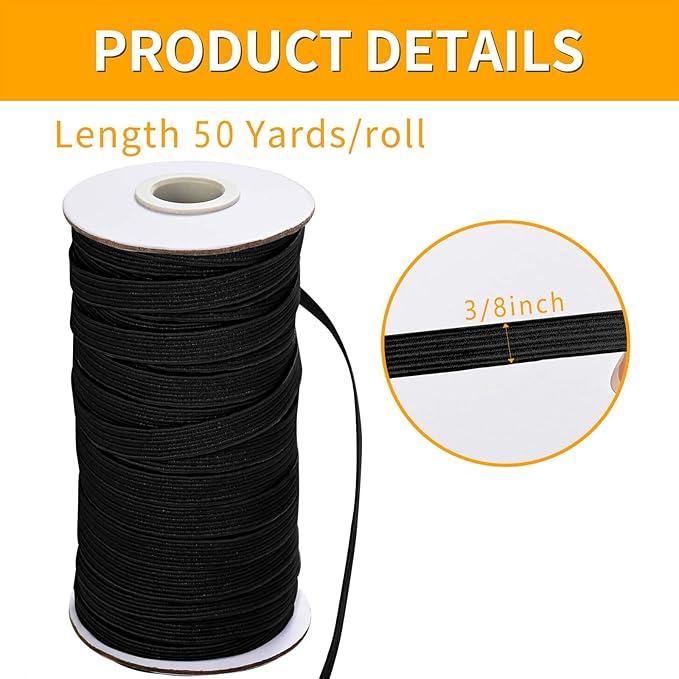 XKDOUS Elastic Band for Sewing, 3/8 Inch 50 Yards Black Knit Elastic Bands High Elastic Cord for Sewing Waistband and Pants Waist