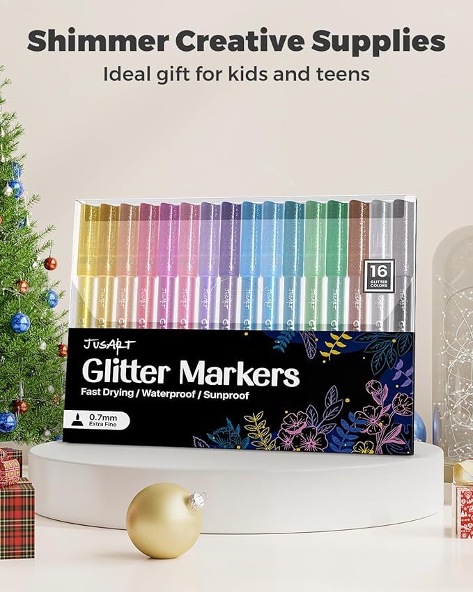 JusArt 32 Colors Glitter Markers, Glitter Paint Pens Sparkly and Shiny for DIY Card Making, Coloring, Scrapbooking, Glass, Wood, Stone, Fabric, Rock - 0.7mm Extra Fine Acrylic Paint Markers