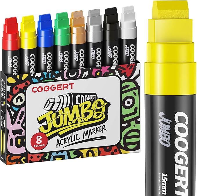 8 Vibrant Colors Jumbo Poster Markers, 15MM Thick Permanent Acrylic Graffiti Markers, Wide Tip Paint Marker for Canvas, Posters Board, Fabric, Window, Wood, Teachers,Banner painting supplies