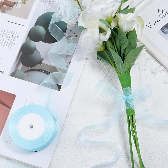 Light Blue Ribbon for Gift Wrapping 1 inch Sheer Organza Ribbon for Flower Bouquet Tulle Thin Chiffon Ribbons for Wedding Invitations Presents Decorations Crafts 50 Yards