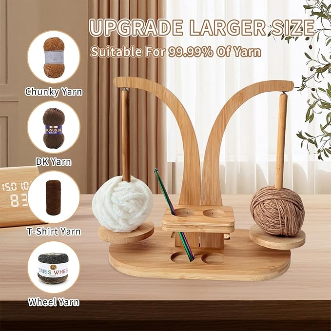 Magnetic Wooden Yarn Holder for Crocheting & Knitting – Smooth Rotating Yarn Spinner with Double Spindles, Tangle-Free Thread Dispenser, Ideal Gift for Knitters & Weavers (Natural)