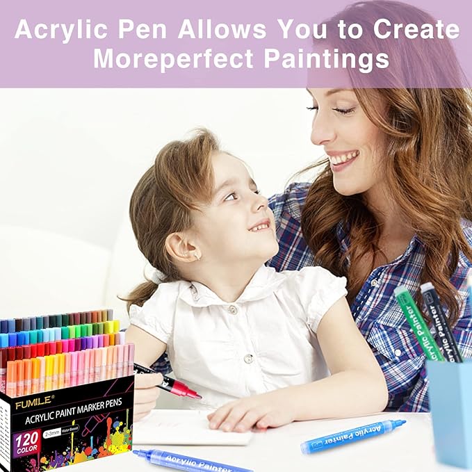 FUMILE 120 Color Acrylic Paint Marker, Include Metallic Color(28PCS),Blink Color(12 PCS),Classic Color(80PCS). Paint Markers Acrylic Marker Ideal for Rock, Wood, Metal, Plastic, Glass, Easter Egg.