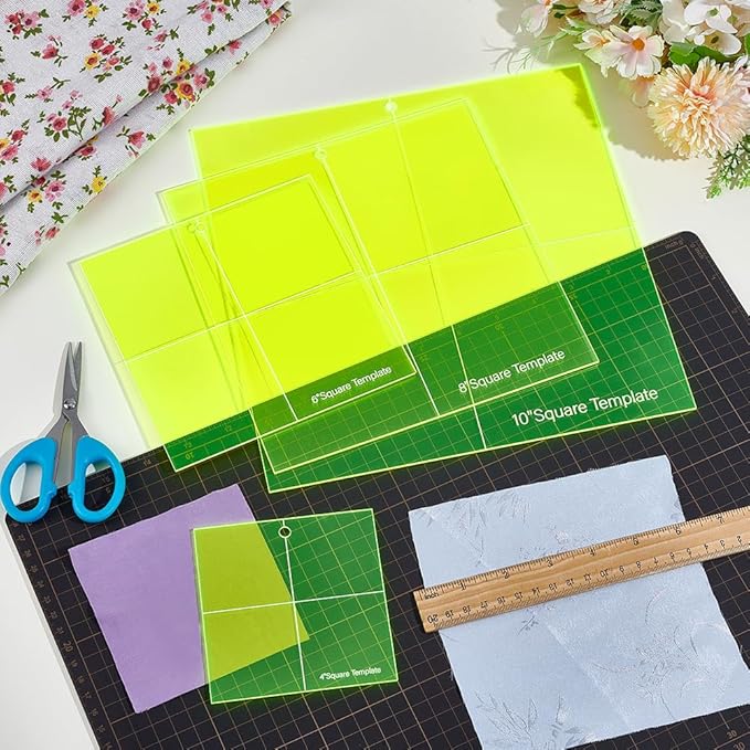 Peacoblue 4Pcs Acrylic Square Quilting Template Set 4",6",8",10" Accurate Cutting Quilting Ruler for Layer Cakes, Patchwork & Quilts Long - Lasting, Non - Slip Design for Sewing & Craft Creations