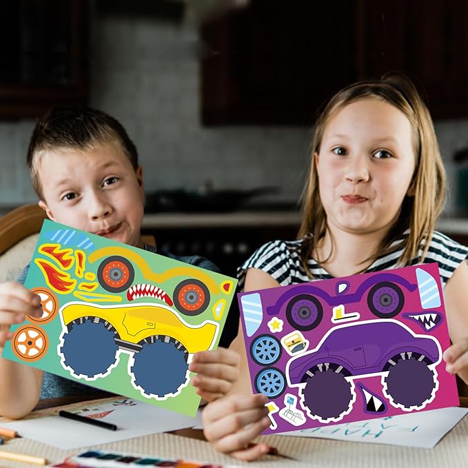 24 Sheets Monster Truck Sticker, Monster Truck Party Favor, Make Your Own Stickers Cartoon Car Make-a-face Stickers Classroom Activities Birthday Gift for Girls Boys