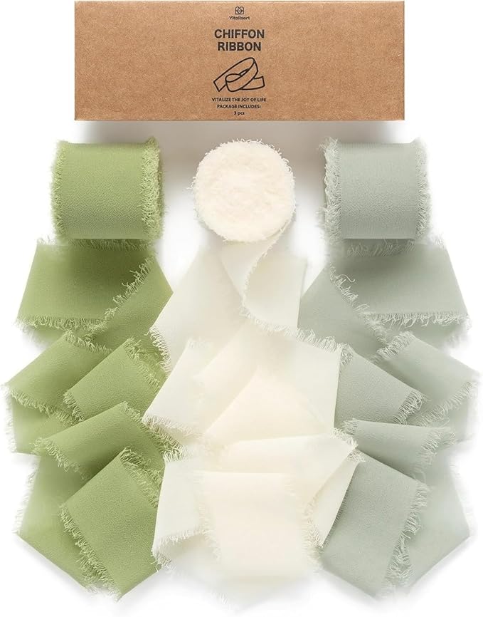 Vitalizart Sage Green Handmade Chiffon Silk Ribbon Fringe 1.5" x 21 Yd Frayed Edges Ribbons for Wedding Invitations Bridal Bouquets Gifts Wrapping Crafts Holiday Party Decorations