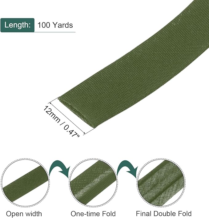 MECCANIXITY 1/2 Inch Double Fold Bias Tape Polyester Continuous Bulk Bias Tape for Sewing, Seaming Quilting Hemming Binding Crafts (Dark Green 100 Yards)