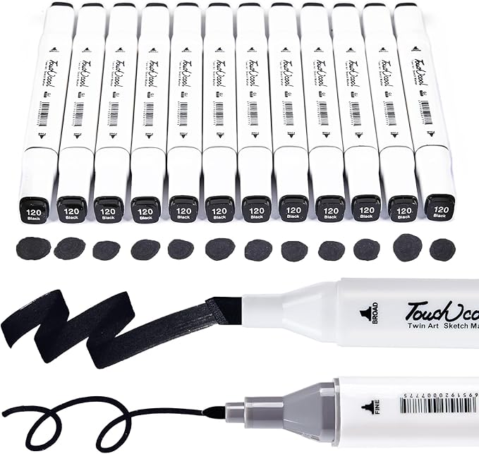 12Pcs Alcohol Markers Pure Color Series,Chisel & Fine Dual Tip Art Solid Color Markers Set for Adults Beginner Drawing Sketching Illustration (Black)