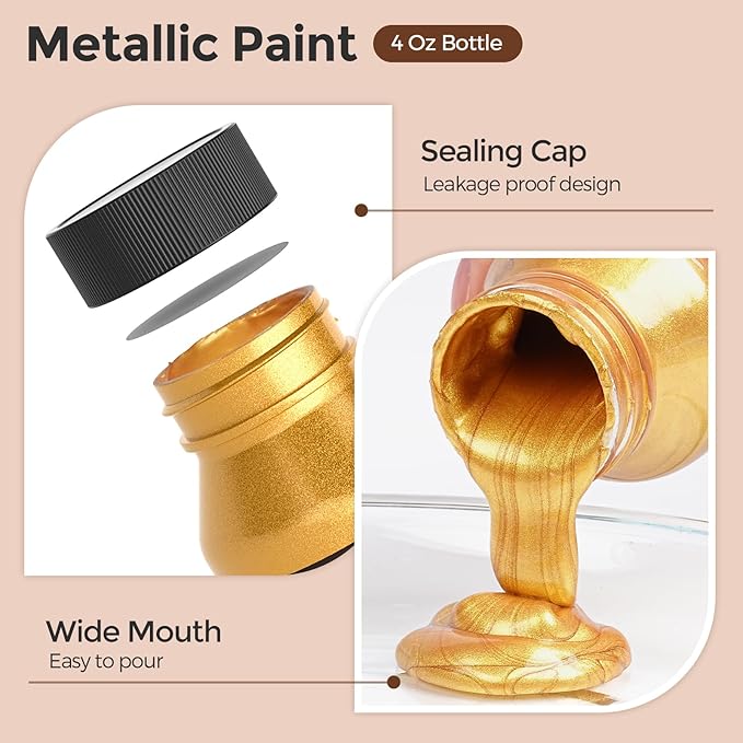 Nicpro Acrylic Paint Metallic, 3 Colors Gold, Silver, Copper 12oz/360ml Gold Leaf Paint, Non Toxic, Non Fading for Art Painting, Handcrafts, Ideal for Multi-surface, Canvas, Wood, Clay, Metal