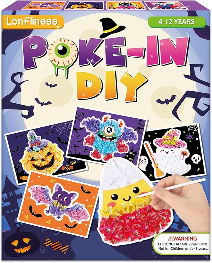 Lonfliness 8PCS Poke-in Craft and Art Kit Halloween No-Mess Fabric Sewing Art Puzzle Puncture Painting DIY Bat Pumpkin Ghost Halloween Toy Gift Creative Activity Game Birthday Party