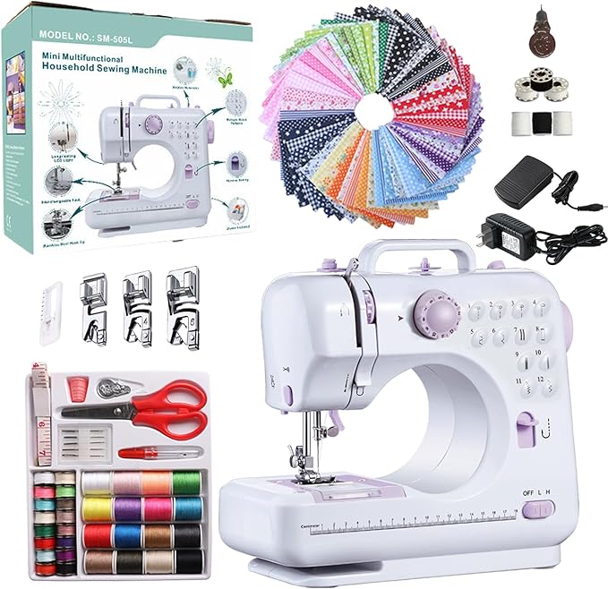 Sewing Machine for Beginners, Portable Mini Sewing Machine with 50 Pcs Fabric and 32 Pcs Sewing Threads Kit, 12 Built-in Stitches 2 Speed with Foot Pedal