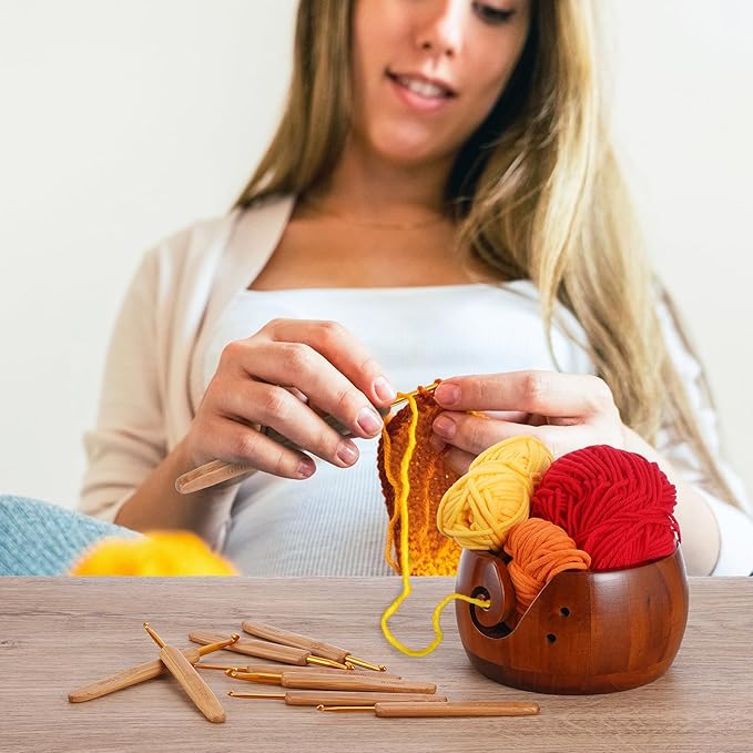 Wooden Yarn Bowl with 8Pcs Metal Crochet Hooks, Knitting Yarn Bowl with Holes Storage Handmade to Prevent Slipping, Perfect Yarn Holder Bowl for Crocheting and Knitting Mother's Day Gift 5" x 3"