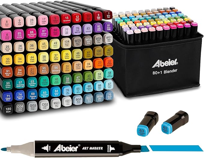 ABEIER 80 Colors Alcohol Based Markers, Dual Tip Drawing Markers Set, plus 1 Colorless Blender Pen, Permanent Sketch Animation Marker for adults, Plumones, Coloring and Artist Illustration