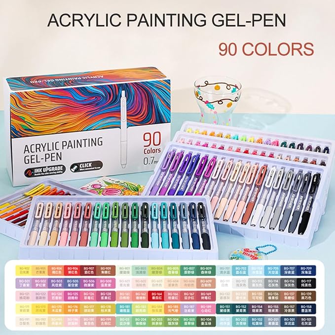 90 Colors Acrylic Gel Pens for Adult Coloring Books, 0.7mm Fine Tip Pens Marker with Press Design, Quick Dry Gel Pen for Paper, Canvas, Rock, Glass, Wood