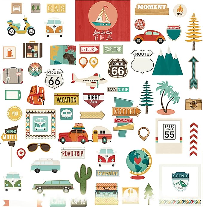 Doraking Foil Gold Paper Stickers, 65PCS Travel Themed Decoration for Scrapbook, Multicolored, Waterproof, Premium Adhesive Paper, Irregular Shaped, Holiday Travel Style