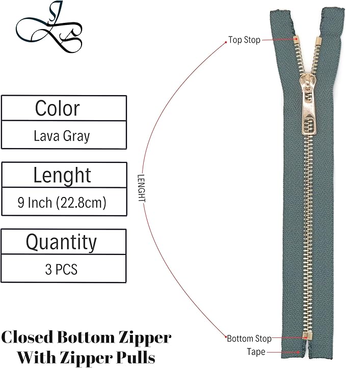 #5 Gold Metal Zipper - 50+ Colors - 3 PCS - (4-14 inches) Sizes - Luxury Lightweight Handcraft Metal Zippers with pulls for Purses Bags Pockets Shoes Sewing & Crafts DIY ZP02549