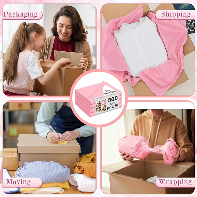 Qilery 500 Sheets Light Pink Tissue Paper Bulk for Gift Bags 20 x 30 Inch Acid Free Packaging Wrapping Paper Sheets for Valentine's Day Decoration DIY Crafts, Wedding, Packing Supplies for Moving