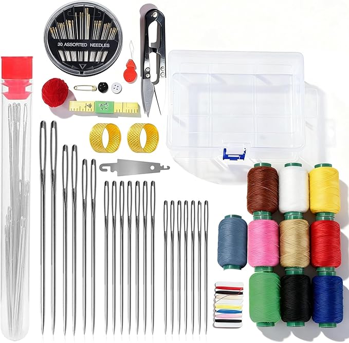 50 Pcs Big Eye Steel Sewing Needles Kit with Multicolor Threads, Needle Case, Scissors & Accessories for Beginners & Professionals