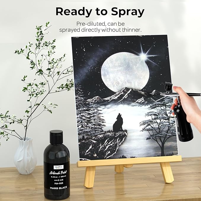 Nicpro Black Large Airbrush Paint (8.45 oz, 250 ml) Ready to Spray Opaque Water-Based Acrylic Air Brush Paints for Model, Wood, Canvas, Metal, Plastic, Leather, for Beginners & Artists
