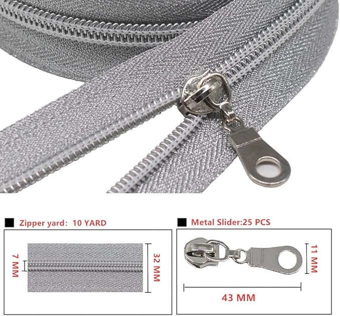 MebuZip #5 Silver Metallic Nylon Coil Zippers by The Yard Bulk Coil Zipper Roll 10 Yards with 25pcs Pulls for DIY Sewing Craft Bags (SilverTape)