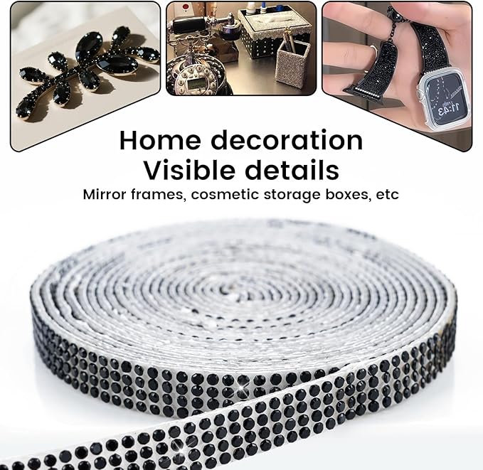novani Self Adhesive Rhinestone Ribbon, 0.35 Inch Wide 3 Yards 1 Roll, Black Crystal Diamond Bling Strips for DIY Crafts, Home Decor, Glitter Glass Rhinestones Tape for Crafting, Car Decoration