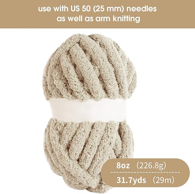 HOMBYS 8 Pack Assorted Chunky Yarn for Crocheting,Super Bulky Large Soft Fluffy Yarn,Plush Fuzzy Yarn,Thick Chenille Yarn for Hand Knitting/Arm Knitting,4 White & 4 Khaki(27yds,8 oz Each Skein)