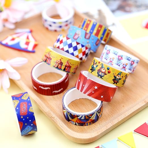 12 Rolls Circus Washi Tape Set, Vintage Carnival Cartoon Decorative Tape Tent Clown Tickets Masking Tape for Journaling Supplies, Junk Journal, Scrapbooking, DIY Arts & Crafts, Gift Wrapping