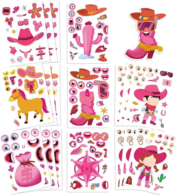 24 Sheets Pink Western Make-a-Face Stickers – DIY Cowboy & Cowgirl Character Collage Stickers for Scrapbooking Journaling Planner Decoration