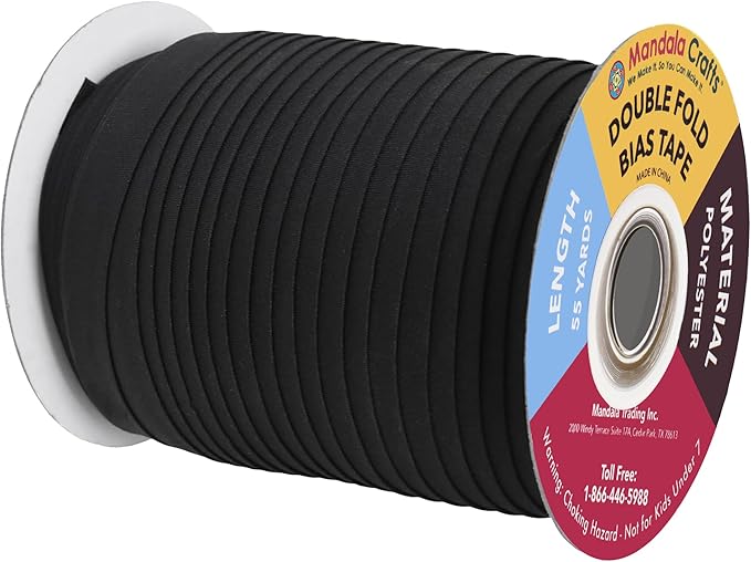 Mandala Crafts 55 Yards 1/2 Inch Black Double Fold Bias Tape for Sewing - Bias Binding Tape for Quilting Binding, Hemming, Seam, and Fabric Piping
