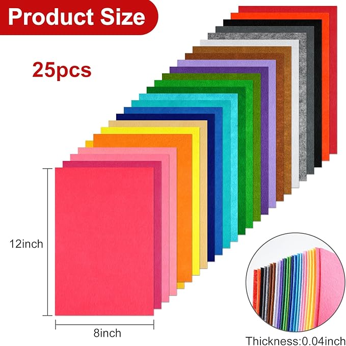 CHRORINE 25 Pcs Assorted Color Felt Fabric Sheets 8" x 12" Soft Felt Fabric Sheet for Crafts DIY Sewing Squares Nonwoven Patchwork (25 Colors)