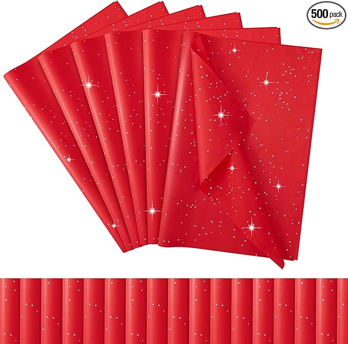 Qilery 500 Sheets Glitter Red Tissue Paper Bulk 15 x 20 Inch Valentine's Day Sparkle Wrapping Paper for Gift Bags Acid Free Tissue for Chinese New Year Craft, Bouquet, Garland, Forming Pompom, Wedding