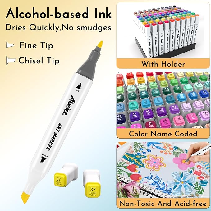 ABEIER Alcohol Markers, 80 Colors Dual Tip - Chisel& Fine, Coloring Markers Perfect for Adults, Ideal For Book Drawing Sketching Painting, Card Making, Includes 1 Colorless Blender