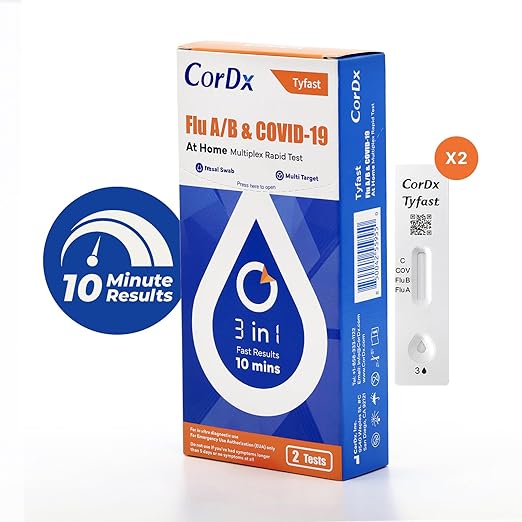 CorDx TyFast Flu A/B & Covid 19 Multiplex Rapid Test, 10 Mins at Home, EUA Authorized, 3 in 1 Combo Kit, 2 Tests